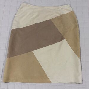 Liz Claiborne Lizsport Patchwork Tan and Cream Faux Suede Midi Pencil Skirt 12